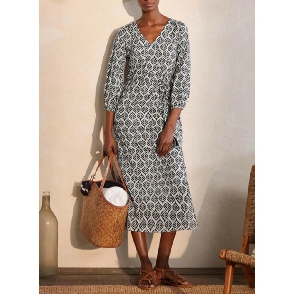 Boden Daria Dress Navy White Leaf Print Cotton Midi Wrap V-Neck US 14
